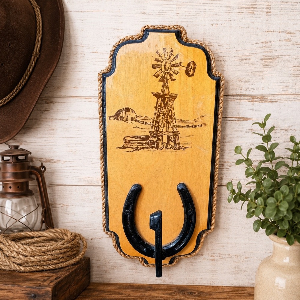 Western Wood Wall Plaque Windmill Horseshoe Hook Rustic Farmhouse Decor 13.5in